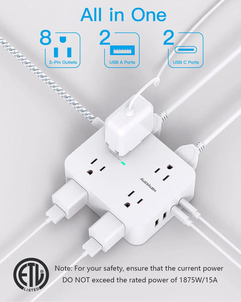 Power Strip Surge Protector With Eight Outlets And Four USB Ports Including Two USB C To Charge All Your Gadgets At Home Or In The Office Flat Plug Wall Mount Desk Station With A 5 Ft Braided Cord ETL showing ports and cables