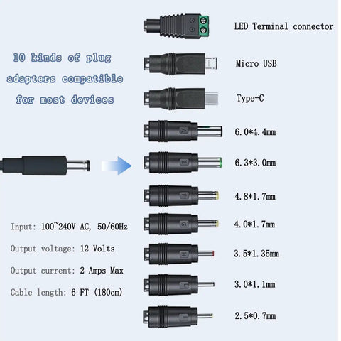 10 interchangeable tips of 12V 2A Power Supply AC Adapter With 10 Tips, ETL Certified Regulated Replacement Charger Cord shown in detail