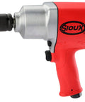Professional 3/4 Inch Air Impact Wrench Boasts Aluminum Nose And Lightweight Composite Shell Cranking Out 1050 Foot Pounds Of Torque To Absolutely Smoke Thread Seizer Bolts Quick Bare Tool side view with ergonomic red handle.