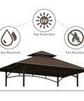 5 By 8 Outdoor BBQ Gazebo Replacement Top Canopy, Double Layer Brown 100% Polyester Weatherproof Cover That Blocks Rain And UV Rays For Model L-GG001PST-F installed with water, sun, and fire resistance icons.