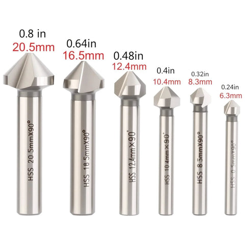 Dtacke 6pc set of 90° 3-flute HSS chamfer end mills for countersinking (Amazon brand)