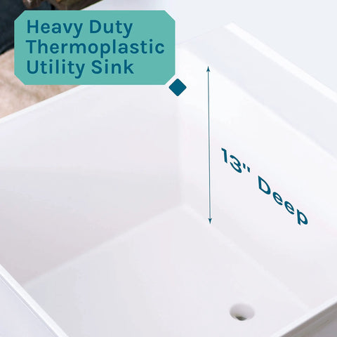 Heavy Duty 19 Gallon Thermoplastic Utility Sink With Adjustable Metal Legs 13-inch deep interior, white, no faucet included