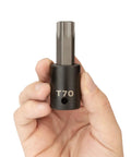 Person holding Half Inch Drive T70 Torx Impact Bit Socket With S2 Steel Six Lobed Torx Tip, precision tolerance fit, high torque capacity