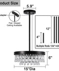Diagram of vintage black crystal drops close-to-ceiling tiered chandelier flush mount, dimensions 15" diameter, adjustable height.
