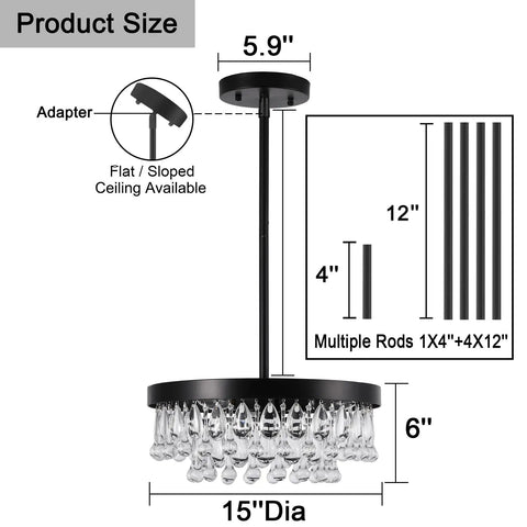Diagram of vintage black crystal drops close-to-ceiling tiered chandelier flush mount, dimensions 15" diameter, adjustable height.