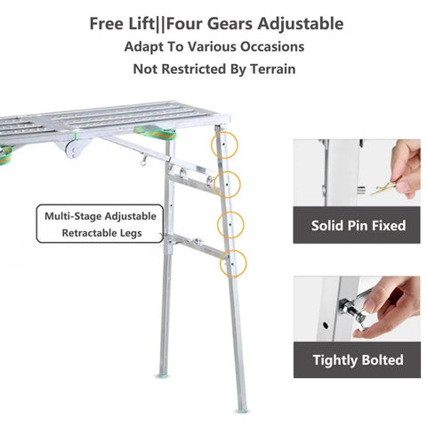 Portable Folding Scaffolding System With Multipurpose Work Platform Scaffold Tower Ladder Stool And Work Bench Galvanized Steel Construction 882 Lb Load Rating No Assembly Required adjustable legs and joints detail