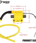 Universal High Performance Ignition Coil dimensions for 2 Stroke and 4 Stroke Engines with yellow casing and cables.