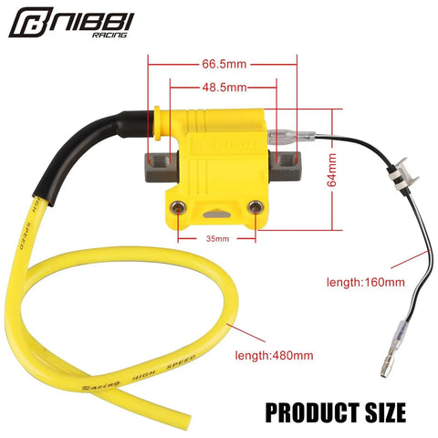 Universal High Performance Ignition Coil dimensions for 2 Stroke and 4 Stroke Engines with yellow casing and cables.