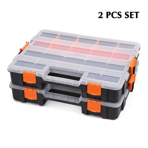 Built Tough 34 Compartments Toolbox Organizer Set With 20 Removable Dividers For Screws Nuts And Small Parts Clear Lid Black And Orange Plastic Case Large 15 Inch Long By 11.6 Inch Wide By 2.6 Inch Deep Two Piece Set