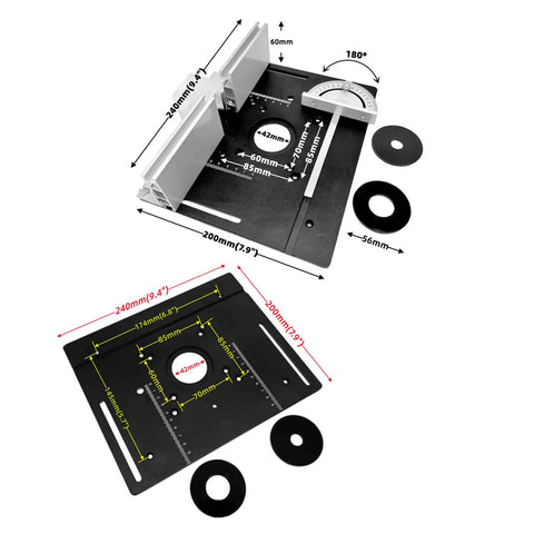 Battle Ready Aluminum Router Table Insert Plate With Dead On Precision Templates And Angled Mounting Base For Lock Step Cuts, 240x200 mm, sturdy design.