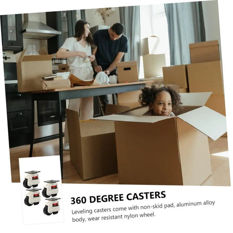 Heavy Duty Leveling Caster Wheels For Workbench And Garage Table Rig Up Adjustable Glides, child peeking from a cardboard box.