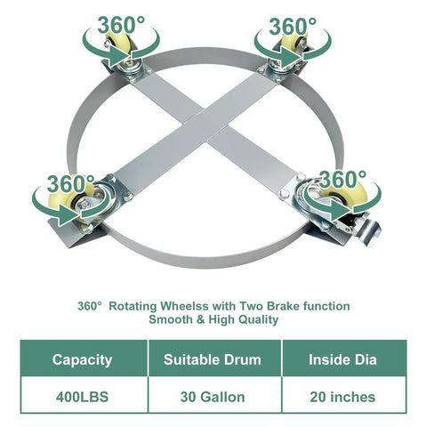 Built Like A Tank 30 Gallon Drum Dolly With 400 Pound Capacity And Rock Solid Anti Tip Frame Featuring Ultra Smooth Swivel Casters For Hassle Free Warehouse Moves, showing 360° rotating wheels and two brake function.