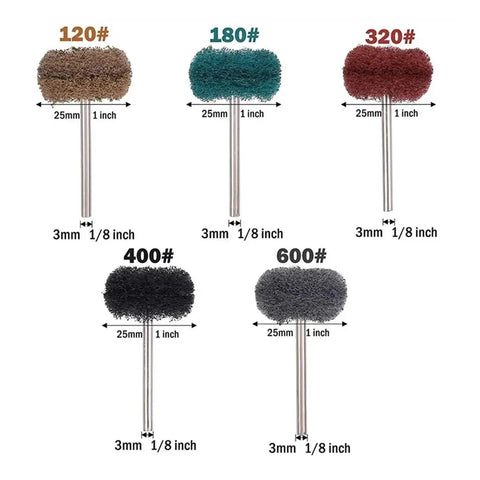 Premium Small Nylon Fiber Grinding Heads For Rotary Tool Buffing Set, 25mm, 3mm shank, ideal for metal polishing and surface deburring.