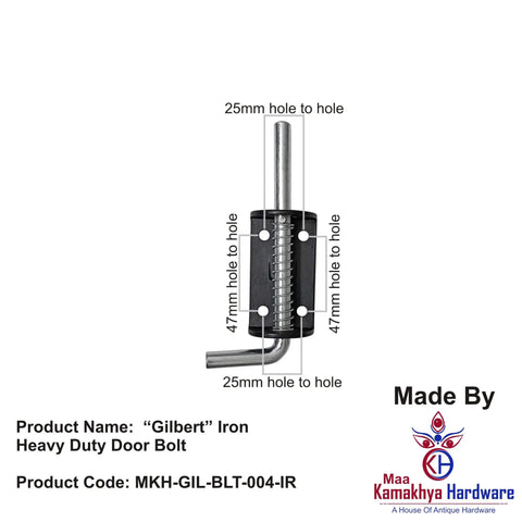 Beefy Heavy Duty Iron Door Bolt In Black Powder Coat, Two Piece Pack, Cast Iron Construction, Tough Home Security Latch For Exterior Doors, 142Mm X 62Mm X 23Mm, Made In India, 25mm hole to hole