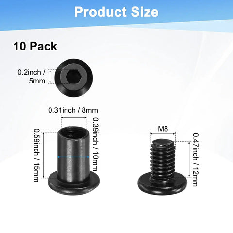 Product size details of Ten Pack M8 X 12Mm Hex Drive Socket Cap Bolts With Barrel Nuts for furniture assembly, showing dimensions.