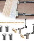 Heavy Duty 2 Pack Bench Dog Clamps With 4 Pack Woodworking Hold Downs Fits 19mm Holes Adjustable Workbench Stops and limit blocks.