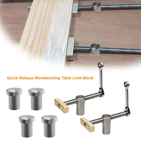 Heavy Duty 2 Pack Bench Dog Clamps With 4 Pack Woodworking Hold Downs Fits 19mm Holes Adjustable Workbench Stops and limit blocks.
