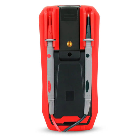 Back view of UT161E True RMS Digital Multimeter Tester For DIY Pros 1000V ACDC Voltage Meter with probes attached