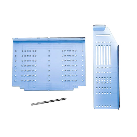 Cabinet Hardware Drill Template Kit For Knobs And Pulls, Precision Jig With Multi Center Holes, includes drill bit, blue templates shown