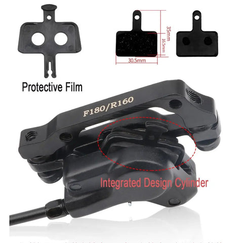 Grip Tight Rear Hydraulic Disc Brake Two Piston Caliper With 1400mm Hose Line For Mountain Bikes Fits 160mm Rotor showing integrated design and protective film.