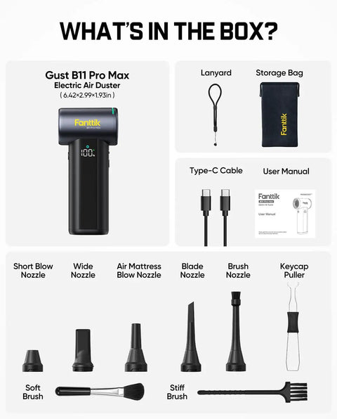 High Power Electric Air Duster For PC, Car, And Home, 150000 RPM Brushless Motor, accessories and storage bag.