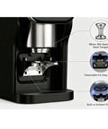 Robust 58 Mm Electric Coffee Tamper providing spot on ten to thirty kilogram pressure and adjusted timing sequences for bullseye shots, showing stainless steel design.