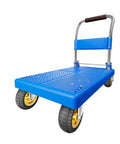 Blue Platform Hand Truck With Five Inch Wheels Heavy Duty Utility Cart And Moving Dolly For Smooth Hauling Of Construction Gear And Luggage Zero Sweat Guaranteed, showing the blue frame and wheels.