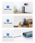 Massive 49800mAh Solar Power Bank With Wireless Charging showing built-in cables, solar charging on rocks, and USB-C port