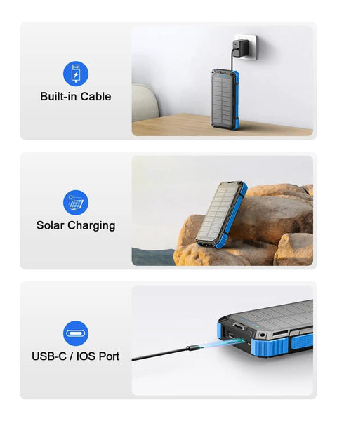 Massive 49800mAh Solar Power Bank With Wireless Charging showing built-in cables, solar charging on rocks, and USB-C port