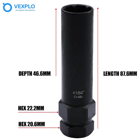 2 Piece 6 Spline Lug Nut Socket Set For Locking Lug Nuts Removal Kit with measurements on black CR-MO steel socket