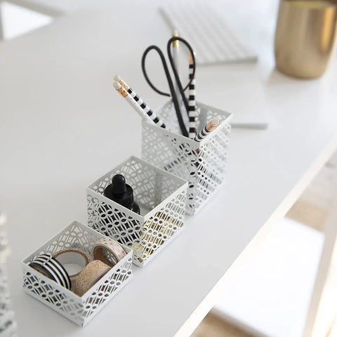 White Six Piece Interlocking Desk Organizer Set With Pen Cup Three Accessory Trays And Two Letter Trays for office desk