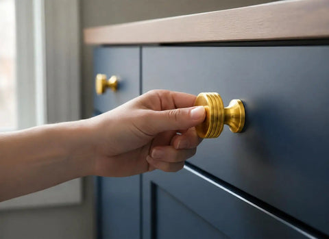 Slick Brushed Gold Cabinet Knobs Two Pack Modern Three Groove Handle Style with hand grasping knob on dark drawer.