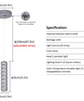 Diagram of crystal ceiling light dimensions with adjustable wires and specifications, showing size and material details.