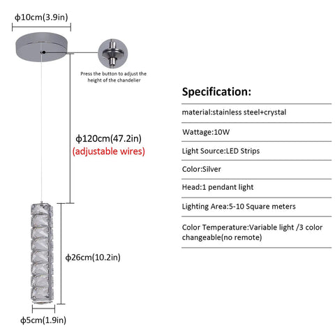 Diagram of crystal ceiling light dimensions with adjustable wires and specifications, showing size and material details.