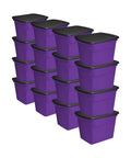 Hella Spacious 18 Gallon Storage Tote With Snug Snap Lid, Stackable Plastic Bins For No Sweat Closet Organization, Durable Handle Grips, Opaque Purple Build, 16 Piece Set stacked in multiple rows.