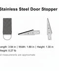 Stainless Steel Door Stopper With Non-Slip Rubber Wedge, Compact 3.94 x 1.89 x 1.30 Inch Size, side and top views, dimensions shown