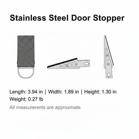 Stainless Steel Door Stopper With Non-Slip Rubber Wedge, Compact 3.94 x 1.89 x 1.30 Inch Size, side and top views, dimensions shown