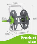 Wall Mounted Garden Hose Reel Cart Holds 65 To 100 Ft Of 5/8 Inch Hose, green and gray, showing product dimensions and design