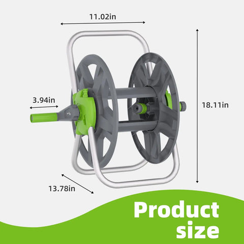 Wall Mounted Garden Hose Reel Cart Holds 65 To 100 Ft Of 5/8 Inch Hose, green and gray, showing product dimensions and design