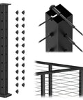 36 Inch Cable Railing Corner Post Three Side Drilled Surface Mount End Post For 90 Degree Turns Stainless Steel Black Handrail Corner Post For Cable Railing Kits Model BL05-CP showing three-side drilled design and accessories
