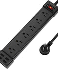 Black Six Outlet Surge Protector With Four USB Ports And Flat Plug Extension Cord Wall Mount Power Strip For Home Office Dorm 1250W 900J