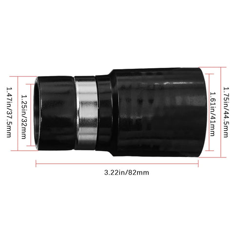 Side view of KingBra 1-1/4-inch central vacuum hose adapter; black plastic body with metal collar, ~82 mm long.