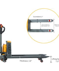 Apollo 4400Lb Electric Pallet Jack With Lithium Battery side view showing dimensions: 48x27 inch forks, lifting height 7.3 inches.