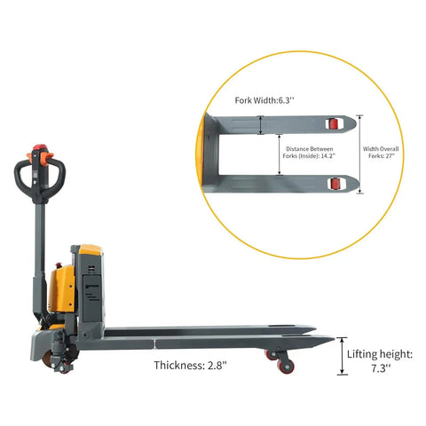 Apollo 4400Lb Electric Pallet Jack With Lithium Battery side view showing dimensions: 48x27 inch forks, lifting height 7.3 inches.