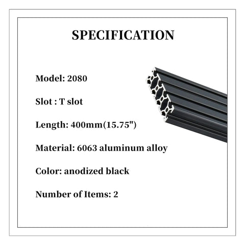 Two Pack 2080 T Slot Aluminum Extrusion Profiles 400mm Long Anodized European Standard Silver Build Frame For 3D Printers CNC Machines Laser Engraving And DIY Projects, black 2080 profile