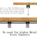 Diagram showing Two Wheel Hoist Roller Trolley Assembly For One And Five Eighths Inch Strut Channel With Set Screw Clearance installed on channel.