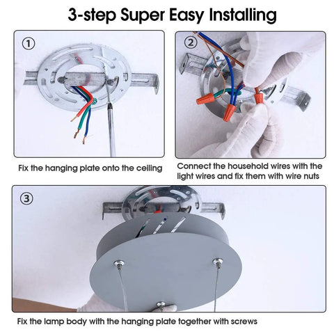 Installation steps for Modern LED Ring Pendant Light Fixture For Dining Rooms And Kitchen Islands shown in gray ceiling mount.