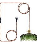 Chic Green Glass Plug In Pendant Light Fixture For Kitchen Island And Dining Room, Smooth Plug And Play Design, E26 Base Ready, Serious Home Refresh Glow Up No Bulb Included, features twisted cord and plug.