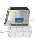 Massive 38 Liter Ultrasonic Parts Cleaner With 720 Watts Of Raw Power For Shattering Stubborn Grime showing stainless steel basket and control panel.