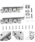 Premium Heavy Duty Barn Door Slider Track Wheel Kit components including roller units, screws, and brackets for easy installation.